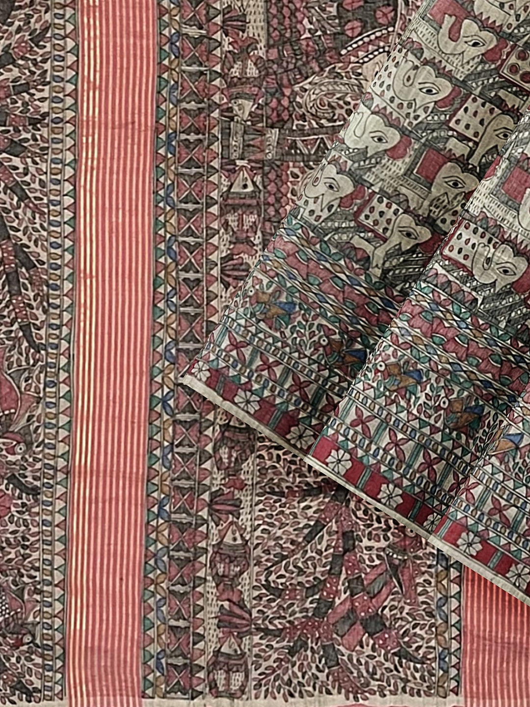 All-Over Handpainted Madhubani Saree on Desi Tussar Silk - Elephant Motifs